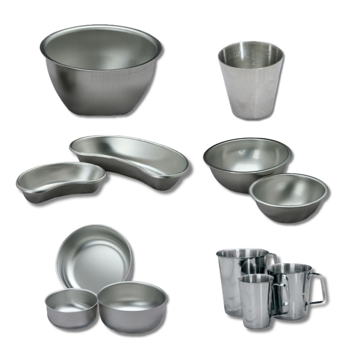 various stainless steel bowls and cups used during surgery