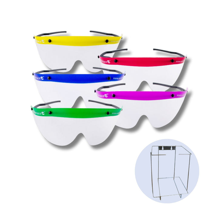 various colors of cool shieldz and wall mounted holder
