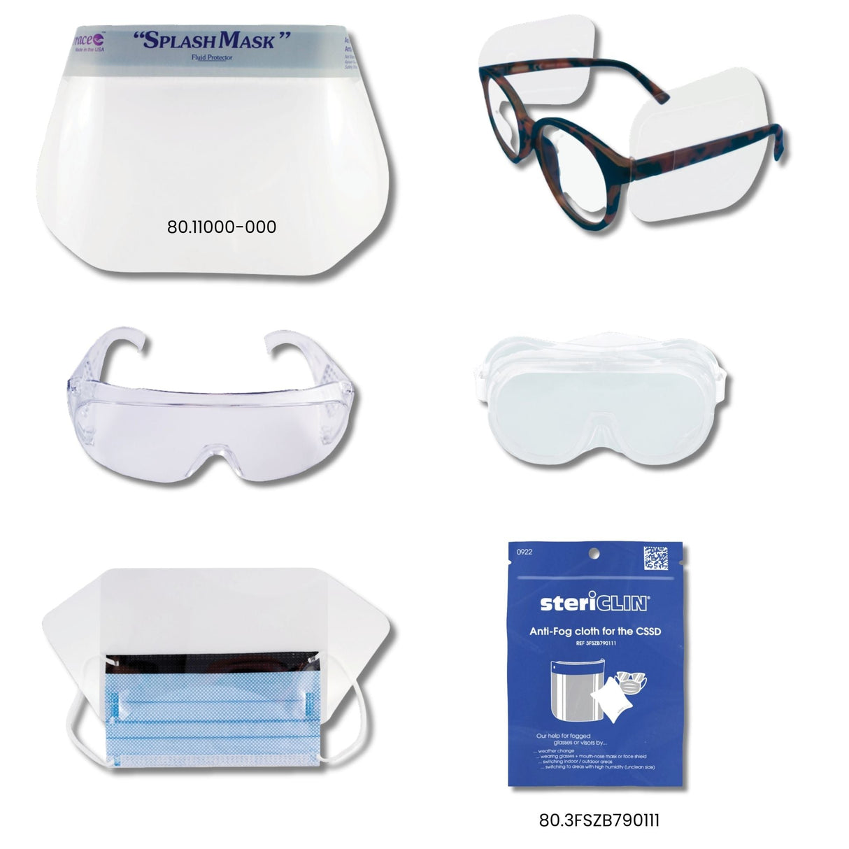 assorted face shields protective eyewear and face masks