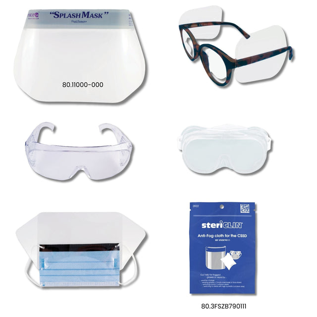 assorted face shields protective eyewear and face masks