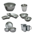 various stainless steel bowls and cups used during surgery